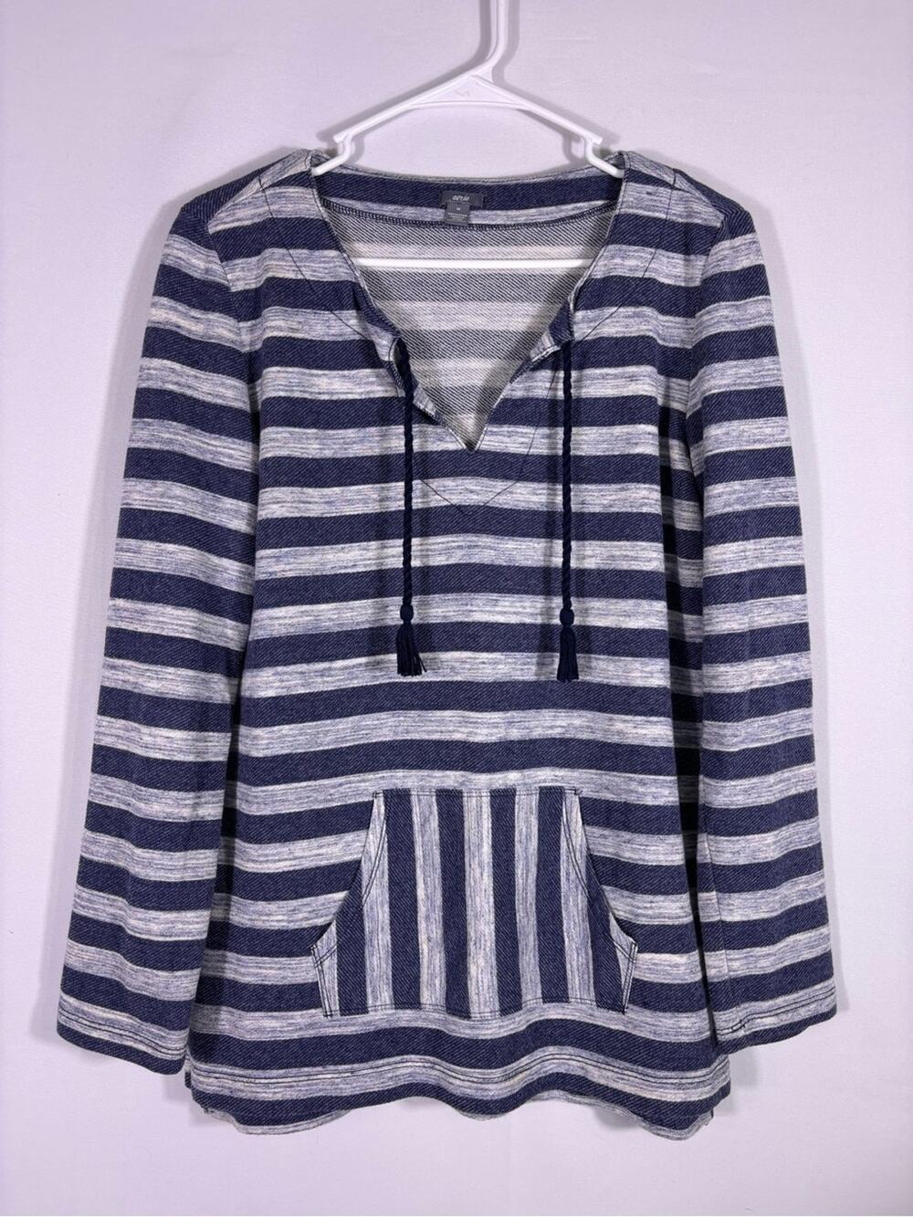 Aerie Striped Baja Hoodie Pullover Navy Gray Cotton Kangaroo Pocket Med 1294
